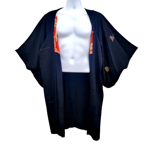Vintage Japanese Black Silk Kimono Haori Hand Painted Metallic Leaves Red Lining - Picture 1 of 13